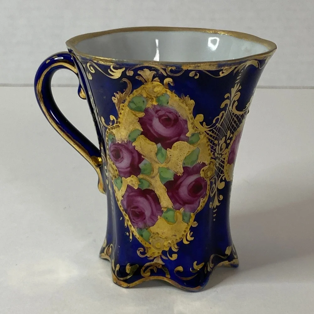 Antique Cobalt Blue Porcelain Tea Cup Gold Gilt Rose Medallion Scalloped Rim